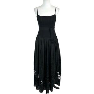 LOVE BINETTI Esperanza Black Tie-Waist Lattice Embroidered Maxi Dress Medium